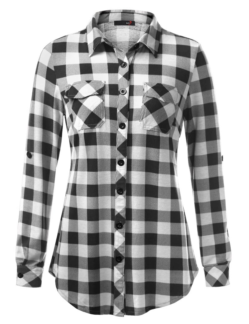 DJT Womens Soft Stretchy Knit Plaid Shirts Roll Up Long Sleeve Collared Button Down Blouses Tops Medium Black-White - Image 2